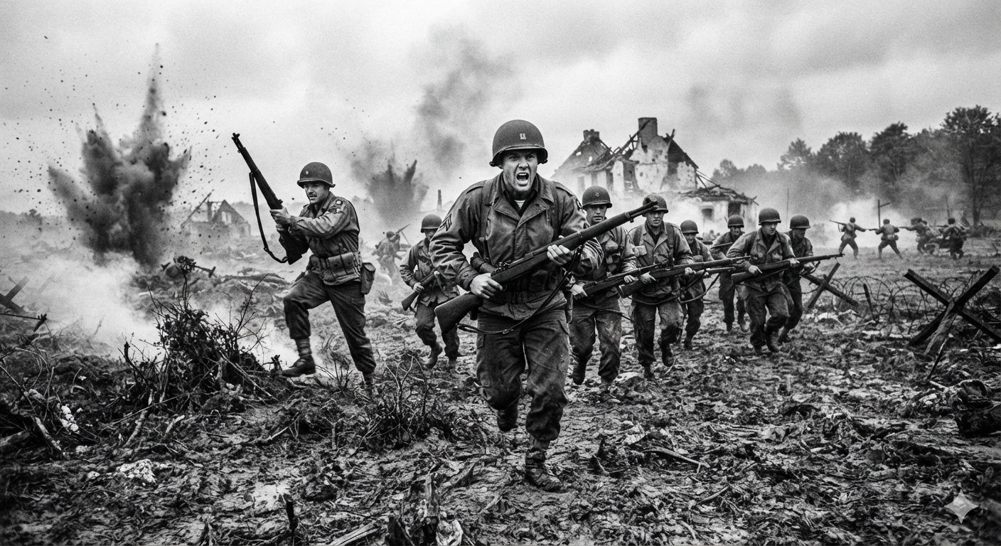 Illustration of American infantry advancing across a shelled field