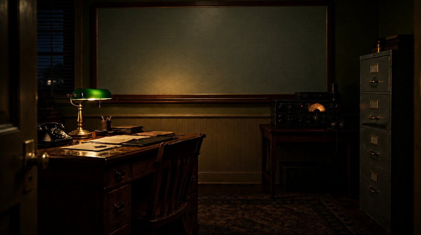 A 1940s operations room at night: a large frosted-glass plotting wall, a desk with a green lamp, a shortwave radio and a filing cabinet