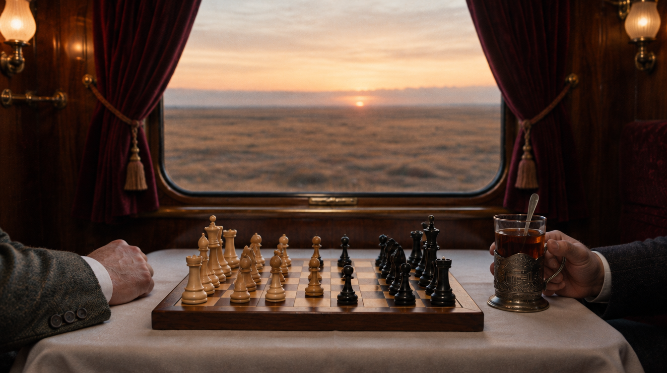 A first-class compartment on the Trans-Siberian Express at sunset: a chess game in progress on the table under the window, a sleeve and hand from each side, and a glass of tea in a silver holder.